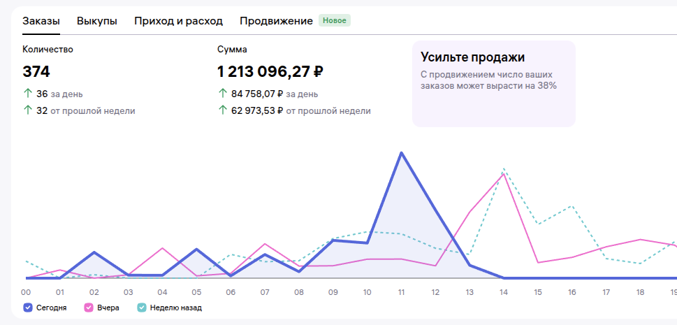 Кабинет продавца Wildberries: 374 заказа, оборот 1 213 096 ₽